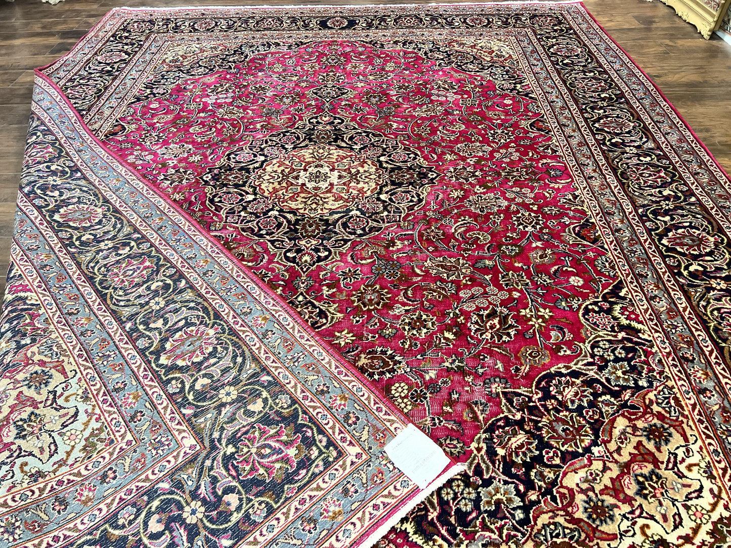 Persian Rug 10x13, Wool Hand Knotted Antique Kashmar Carpet, Raspberry Red & Navy Blue, Floral Medallion, Traditional Oriental Rug 10 x 13