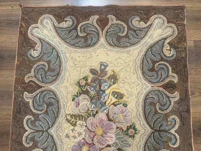 Antique American Hooked Rug 3 x 4.6, Vintage, Floral