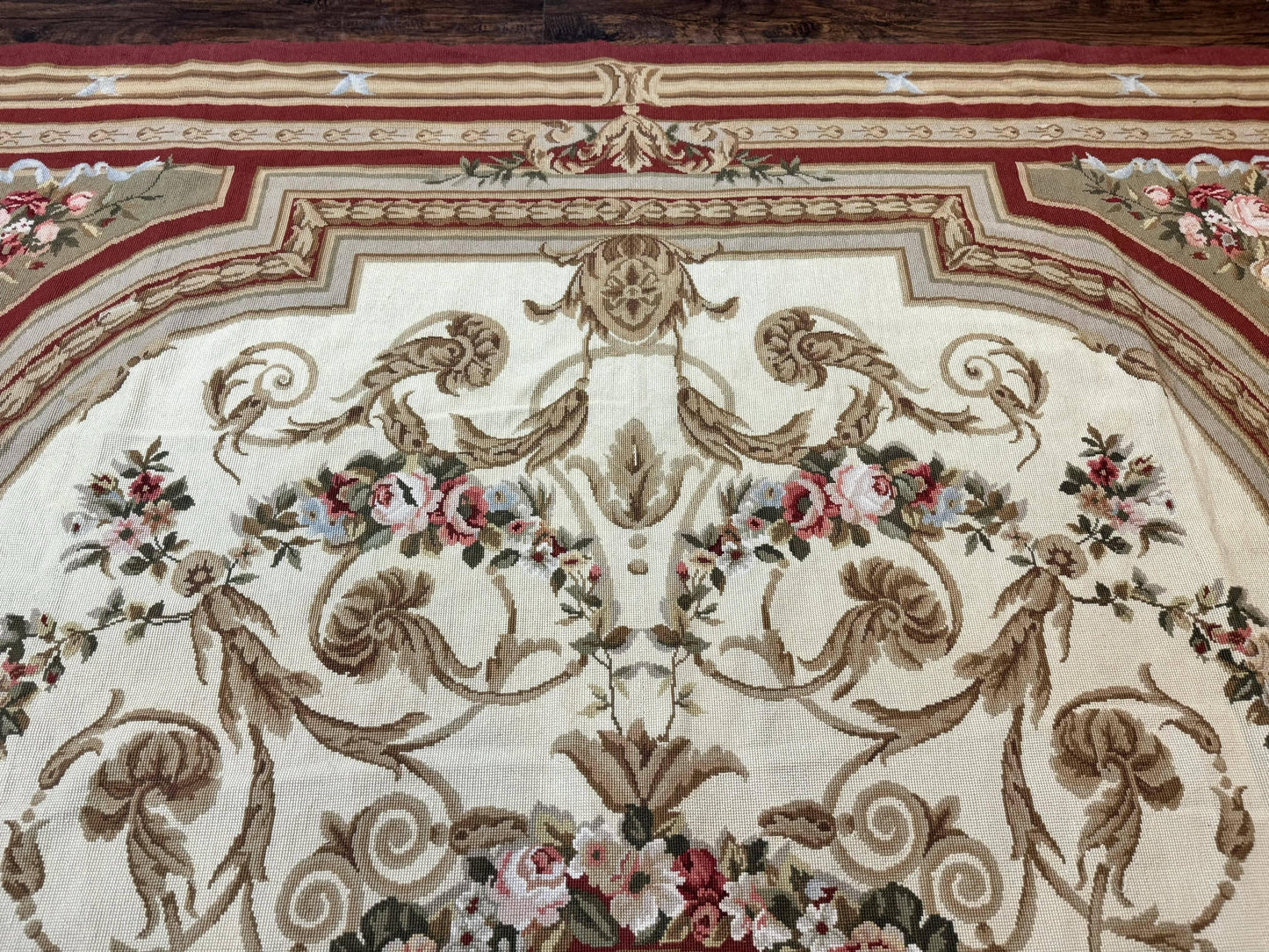 Aubusson Needlepoint Rug 9x11, Handmade Vintage Wool Flatweave Carpet, Elegant European Rug, Floral, Cream
