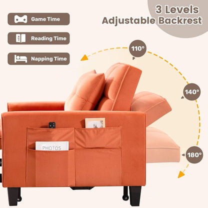 Three In One Velvet Orange Convertible Sleeper Chair