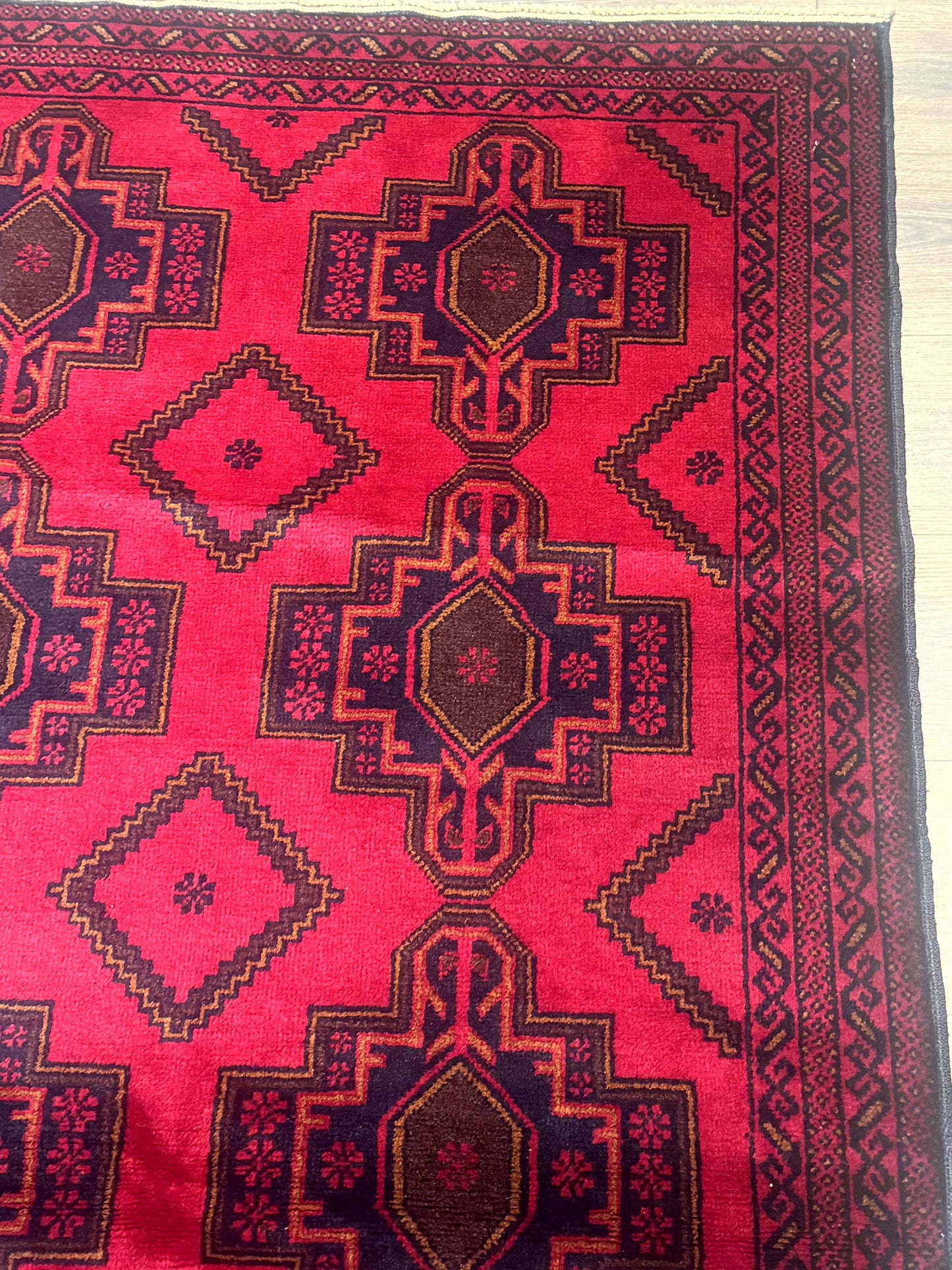 Afghan Rug 4x7, Tribal Carpet, Balouch Rug, Red and Navy Blue, Repeated Medallions, New