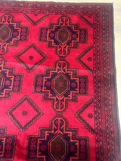 Afghan Rug 4x7, Tribal Carpet, Balouch Rug, Red and Navy Blue, Repeated Medallions, New