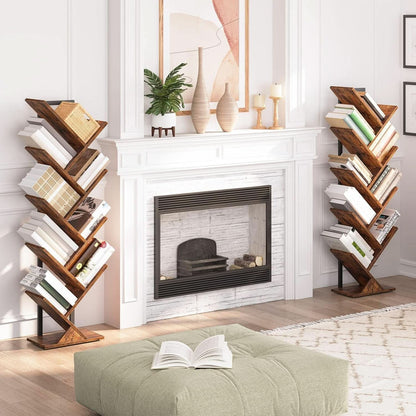 Tree Bookshelf 9 Tier Rustic Brown Living Room Bookcase