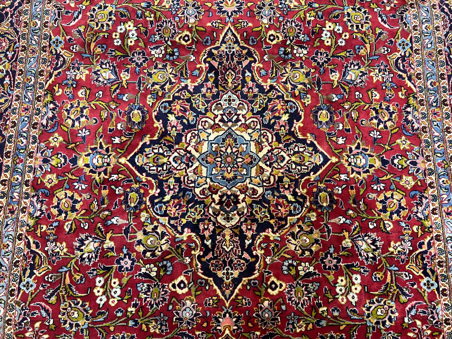 Persian Kashan Rug 9x12, Red Navy Blue, Allover Floral Medallion & Corner Design, Handmade Wool Oriental Carpet, Semi Antique Traditional Carpet