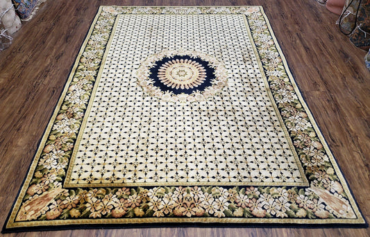 Indian Rug with Tibetan Weave, 6x8 - 6x9 Rugs, Indo-Tibetan Rug, Black and Cream Beige Tan, Floral Border, Soft Rug, Handmade Area Rug, Wool