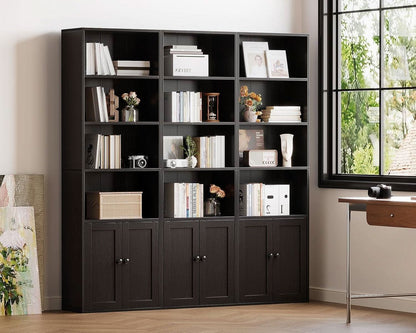 Black Six Tier Floor Standing Bookshelf With Doors