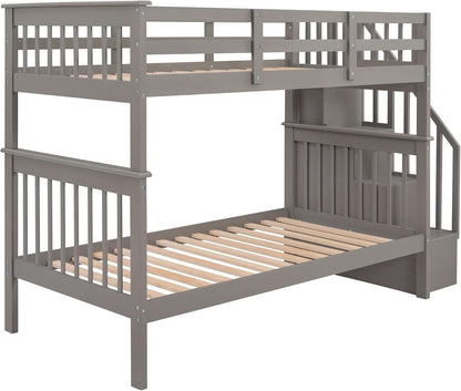 Twin Over Twin Bunk Beds With Stairs Grey For Kids Dorm