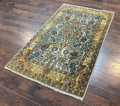 Persian Qum Tree of Life Rug 3.5 x 5.5, Animal Pictorials, Kork Wool with Silk Highlights