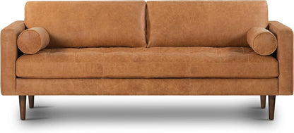 Cognac Tan Leather Mid Century Sofa With Bolsters In Stock