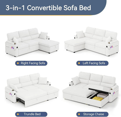 Pull Out Convertible Sofa Bed With Hidden Storage Teddy White