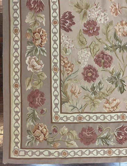 Aubusson Rug 9x12, Pink Beige Light Mauve, Handmade Allover Floral Roses, Wool Flatweave Carpet 9 x 12 ft, European French Design, Elegant