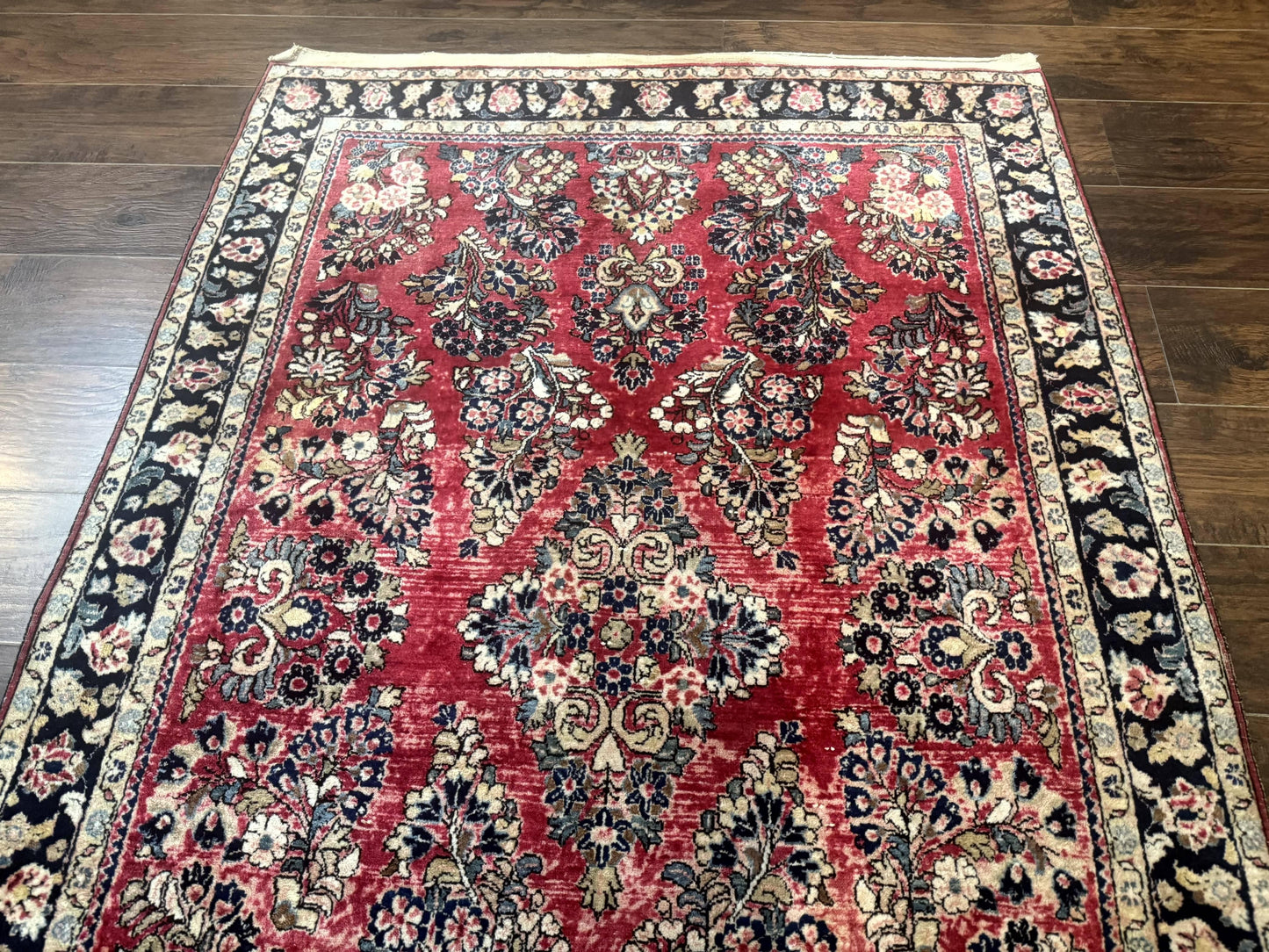 Antique Persian Sarouk Rug 4x7, Floral, Red 1920s Persian Wool Carpet