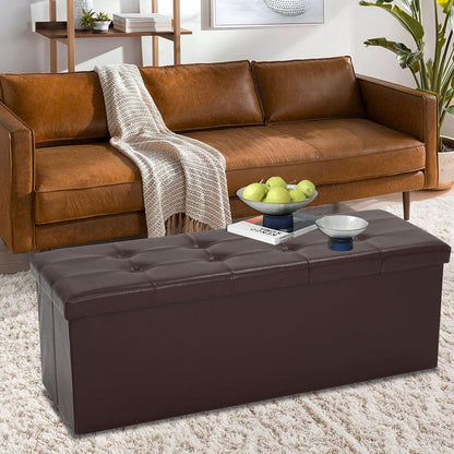Forty Three Inches Folding Storage Ottoman Bench Brown Leather