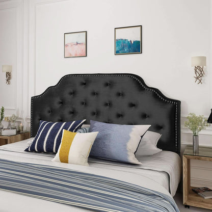 Contemporary Black Velvet Headboard with Button Tufted Design