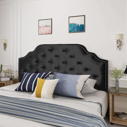 Contemporary Black Velvet Headboard with Button Tufted Design