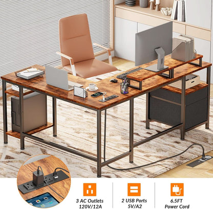 Fifty Nine Inch L Shaped Desk With Power Outlet And Storage Shelves