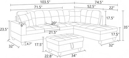 L Shaped 3 Piece Sofa Set With Storage Ottoman Dark Blue