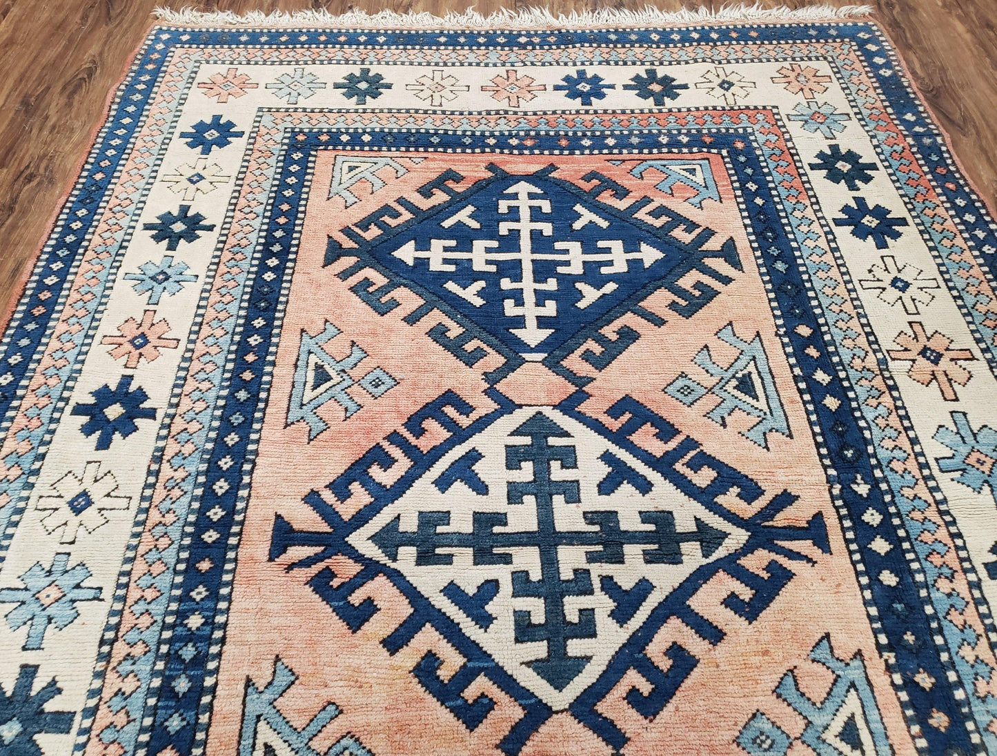 Turkish Kazak Rug 5x8 ft, Bold Geometric Bohemian Carpet, Blue and Ivory Hand Knotted Area Rug, Medium Sized High Quality Wool Oriental Rug
