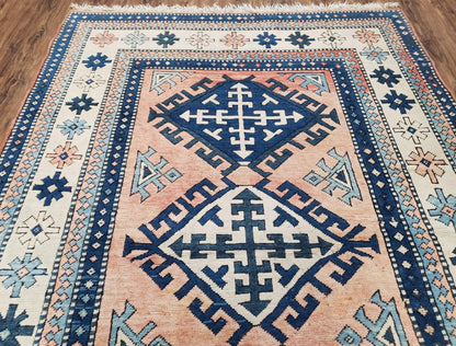 Turkish Kazak Rug 5x8 ft, Bold Geometric Bohemian Carpet, Blue and Ivory Hand Knotted Area Rug, Medium Sized High Quality Wool Oriental Rug