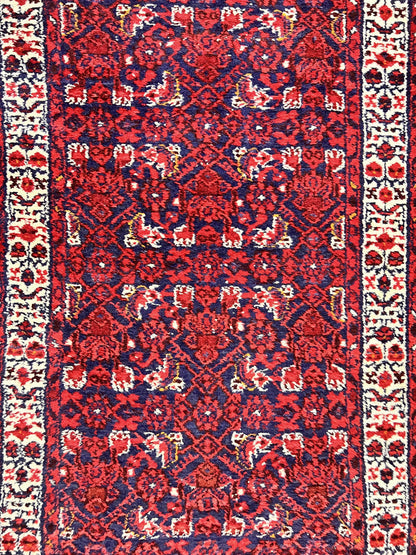 Persian Tribal Runner 3 x 9, Hamadan Dargazin Rug, Dark Blue and Red Wool Hand Knotted Hallway Rug, Vintage Antique Oriental Runner, 9ft Long Runner, Herati