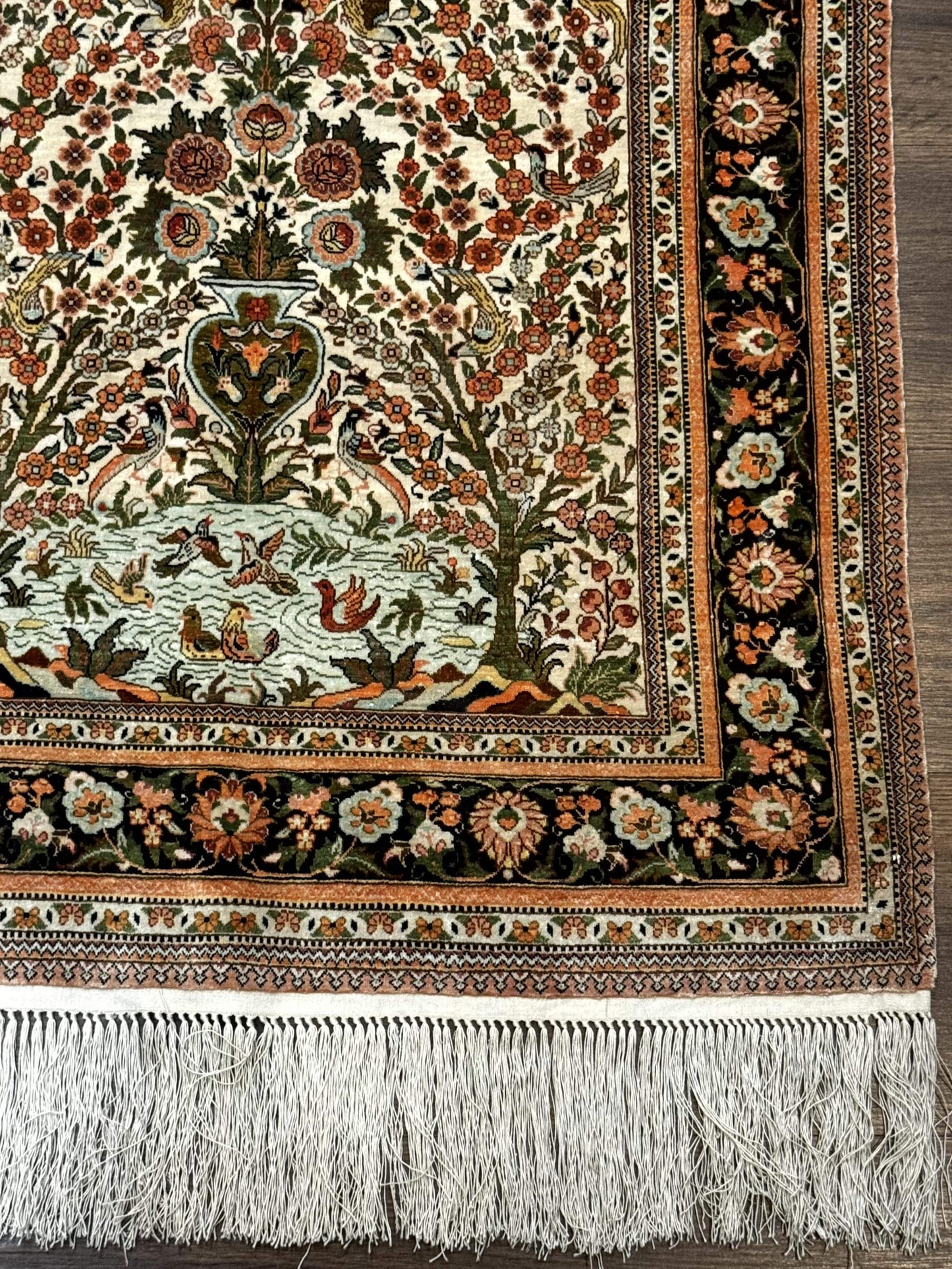 Exceptional Silk Rug 2.6 x 4, Very Fine 630 KPSI, Persian Vase Tree of Life Bird Pictorials, Handmade