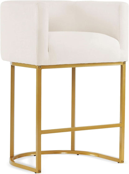 27 Inch Counter Height Bar Stools With Backrest And Arms Gold Metal Frames Beige Linen Upholstery
