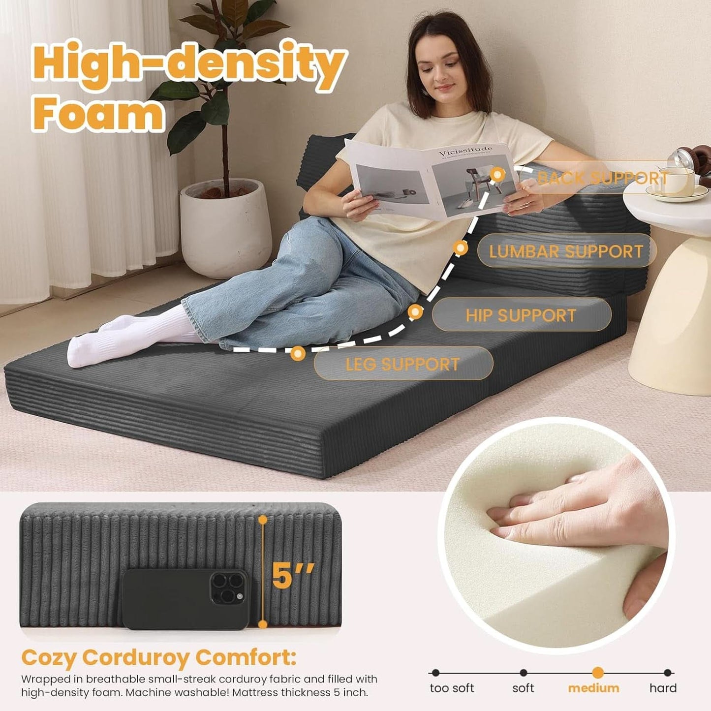 Full Size Transformable Memory Foam Sofa Bed Grey Corduroy