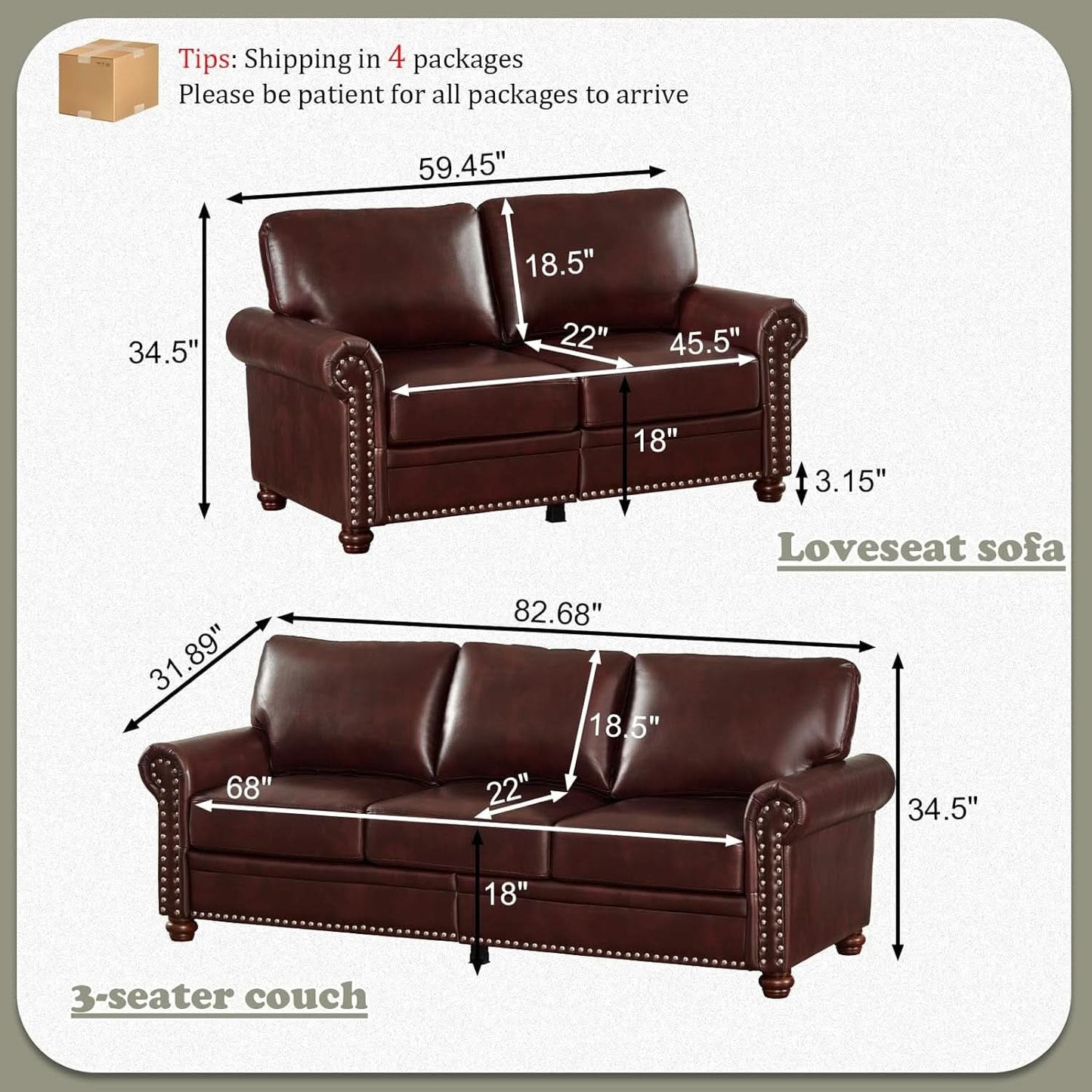 Two Piece Upholstered PU Leather Sofa Set With Hidden Storage Red Brown Mid Century Modern Living Room Furniture