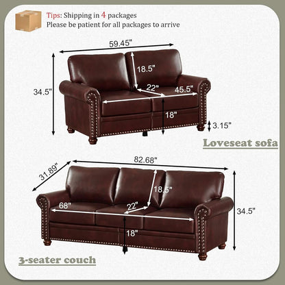 Two Piece Upholstered PU Leather Sofa Set With Hidden Storage Red Brown Mid Century Modern Living Room Furniture
