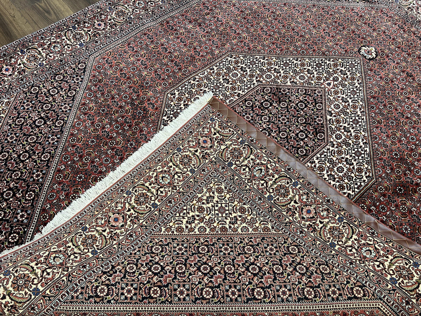 Wonderful Persian Bidjar Rug 7x8 ft, Almost Square Oriental Carpet, Herati Mahi, Highly Detailed, Ivory Red Navy Blue, Very Fine Handmade Bijar Rug