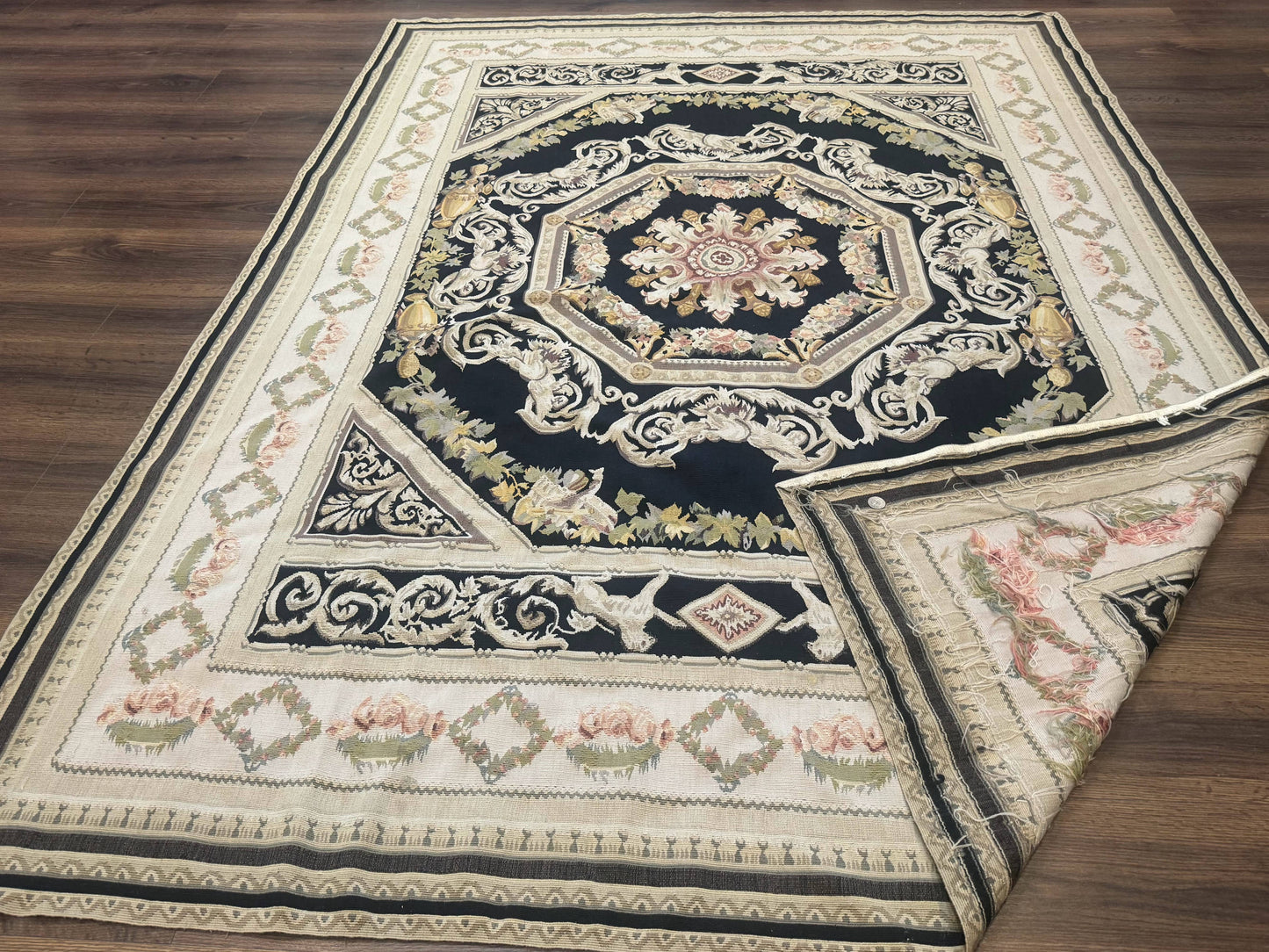 Aubusson Rug 6x8, European Design, Lion Pictorials, Black