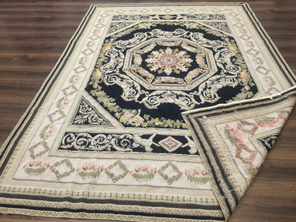 Aubusson Rug 6x8, European Design, Lion Pictorials, Black