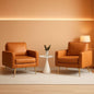 Brown PU Leather Accent Chairs Set Of 2 With Gold Legs