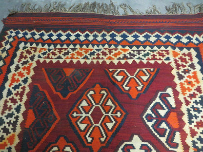 5' X 10' Antique Turkish Kilim Handmade Flat Weave Wool Rug Red Colorful Veg Dye Bohemian Boho Chic Tribal Style And Design