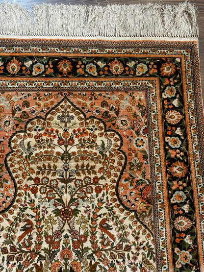 Exceptional Silk Rug 2.6 x 4, Very Fine 630 KPSI, Persian Vase Tree of Life Bird Pictorials, Handmade