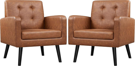 Brown PU Leather Midcentury Upholstered Ergonomic Armchair