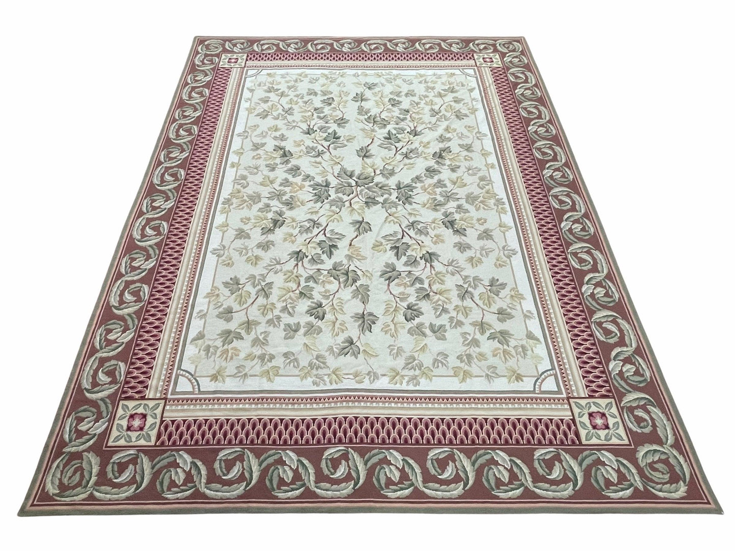 Traditional Aubusson Needlepoint Rug 9 x 12, Flowers, Flatweave Carpet, Hand-Knotted, Brand New, Cream Color, Green, Maroon Red, Wool