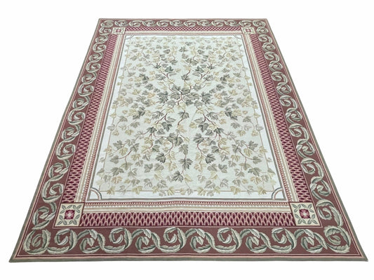 Traditional Aubusson Needlepoint Rug 9 x 12, Flowers, Flatweave Carpet, Hand-Knotted, Brand New, Cream Color, Green, Maroon Red, Wool