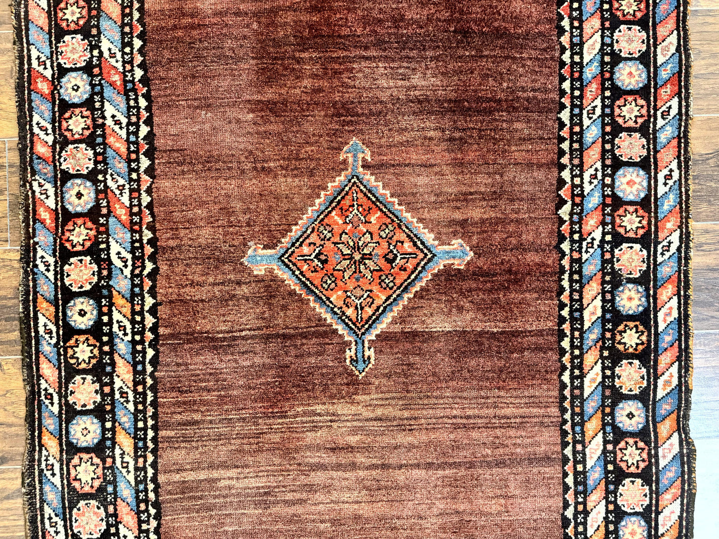 Antique Persian Rug 4x7, Sarab Tribal Wool Carpet, Brown and Multicolor, Handmade Wide Runner Rug 4 x 7, Open Field, Rainbow Border
