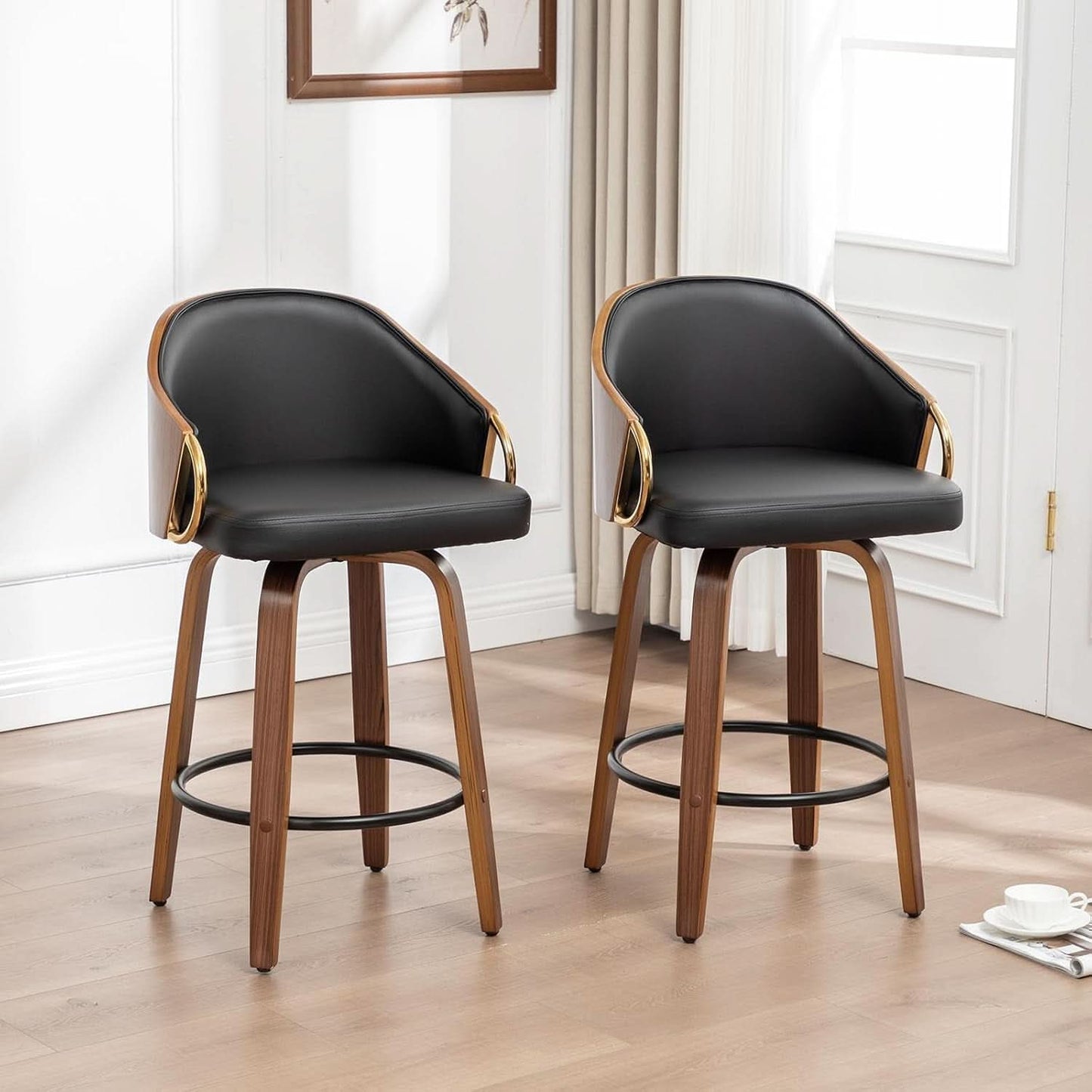 26 Inch Swivel Barstools Set of Two Black Leather