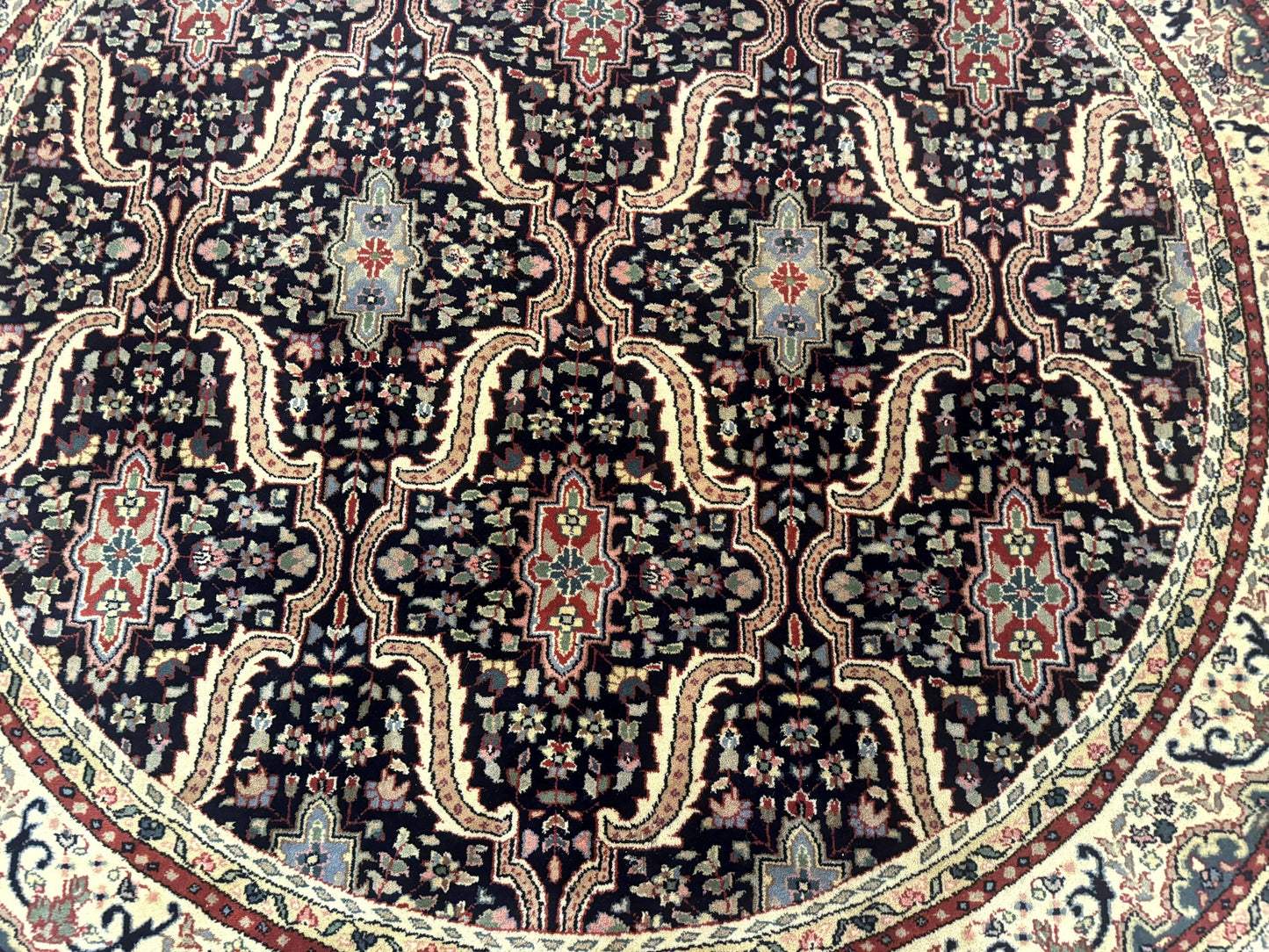 Round Indo Persian Rug 6x6, Indian Bidjar Rug, Navy Blue and Beige