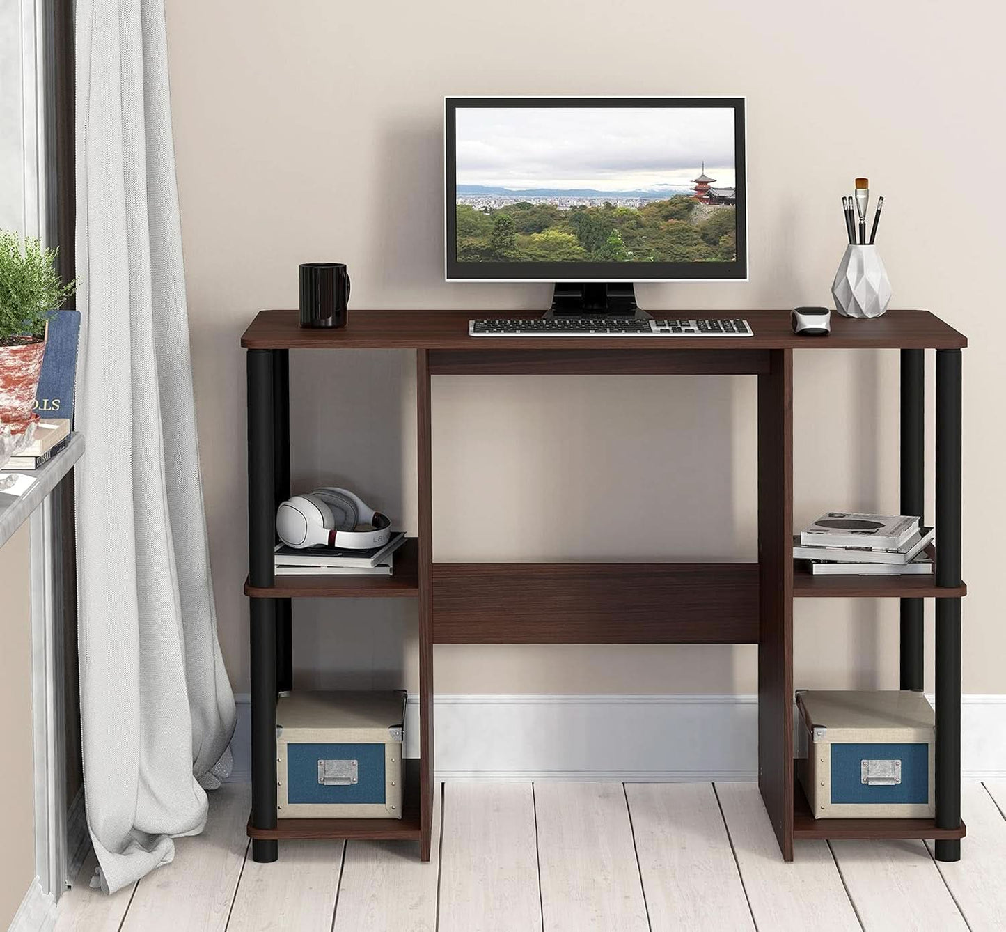 38 Inch Home Office Desk With Double Sided Shelves Cherry