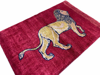 3 X 5 Handmade Hand-Knotted Rug Quality Wool Pictorial Lion Red Organic Dyes