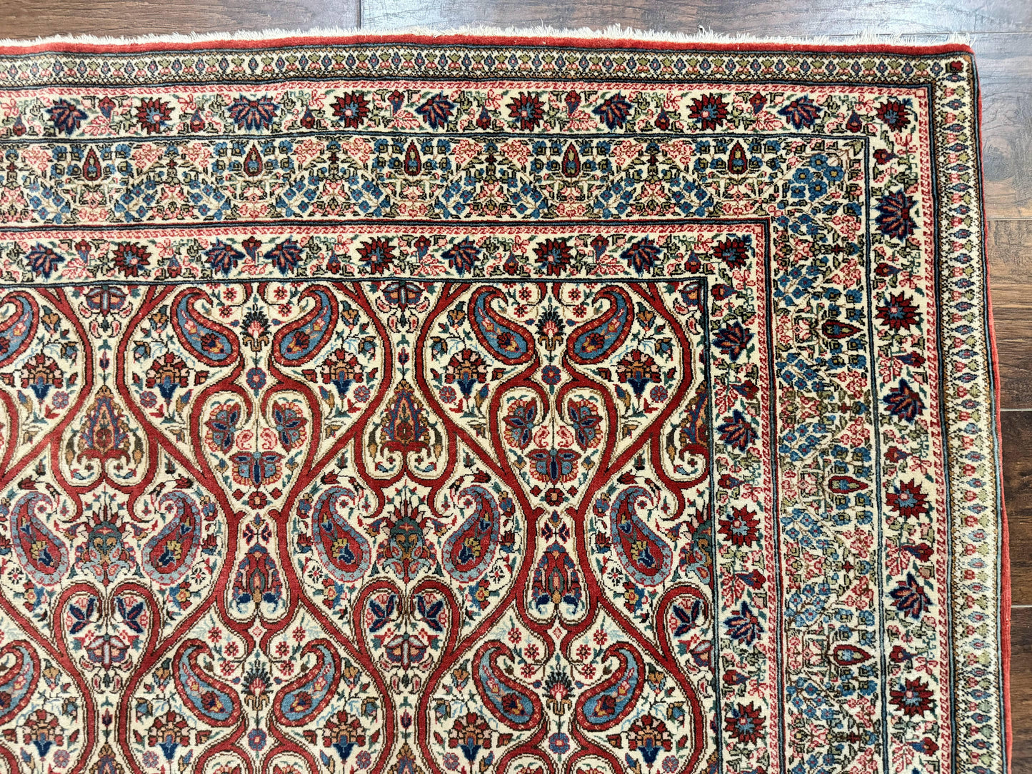 Unique Persian Qum Rug 5x7, Repeated Paisely Boteh Design, Ivory Red Blue, Handmade Antique Wool Persian Carpet, Finely Hand Knotted
