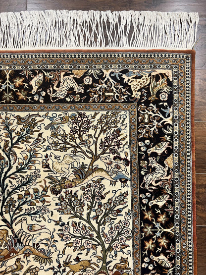 Persian Qum Tree of Life Rug 5x7, Wool and Silk Highlights, Animal Motifs, Vintage Hand Knotted Handmade Cream & Black Fine Oriental Carpet