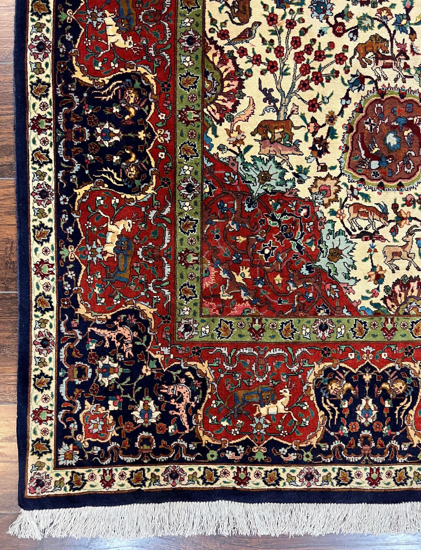 Wonderful Sino Persian Rug 6x10 with Animal Pictorial Motifs, Cream Dark Red Navy Blue, Birds Gazelles, Two Medallions, Top Quality Handmade