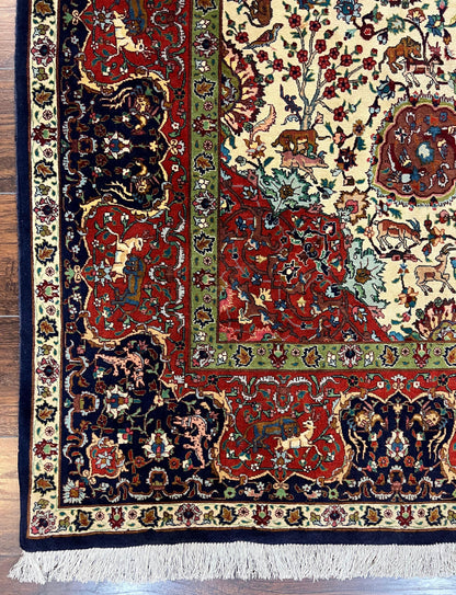 Wonderful Sino Persian Rug 6x10 with Animal Pictorial Motifs, Cream Dark Red Navy Blue, Birds Gazelles, Two Medallions, Top Quality Handmade