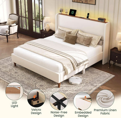Queen Size Upholstered Bed Frame With LED Lights And USB