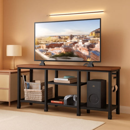 Rustic Brown TV Stand For 55 Inch With Open Storage Shelves