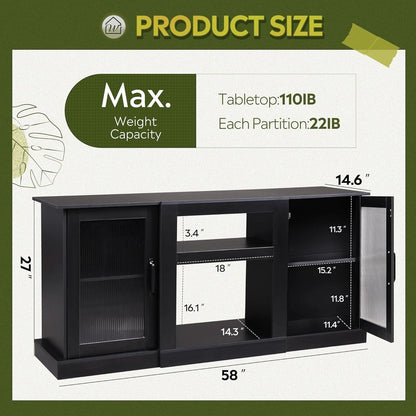 Retro TV Stand For 65 Inch TV With Storage And Open Shelves Black
